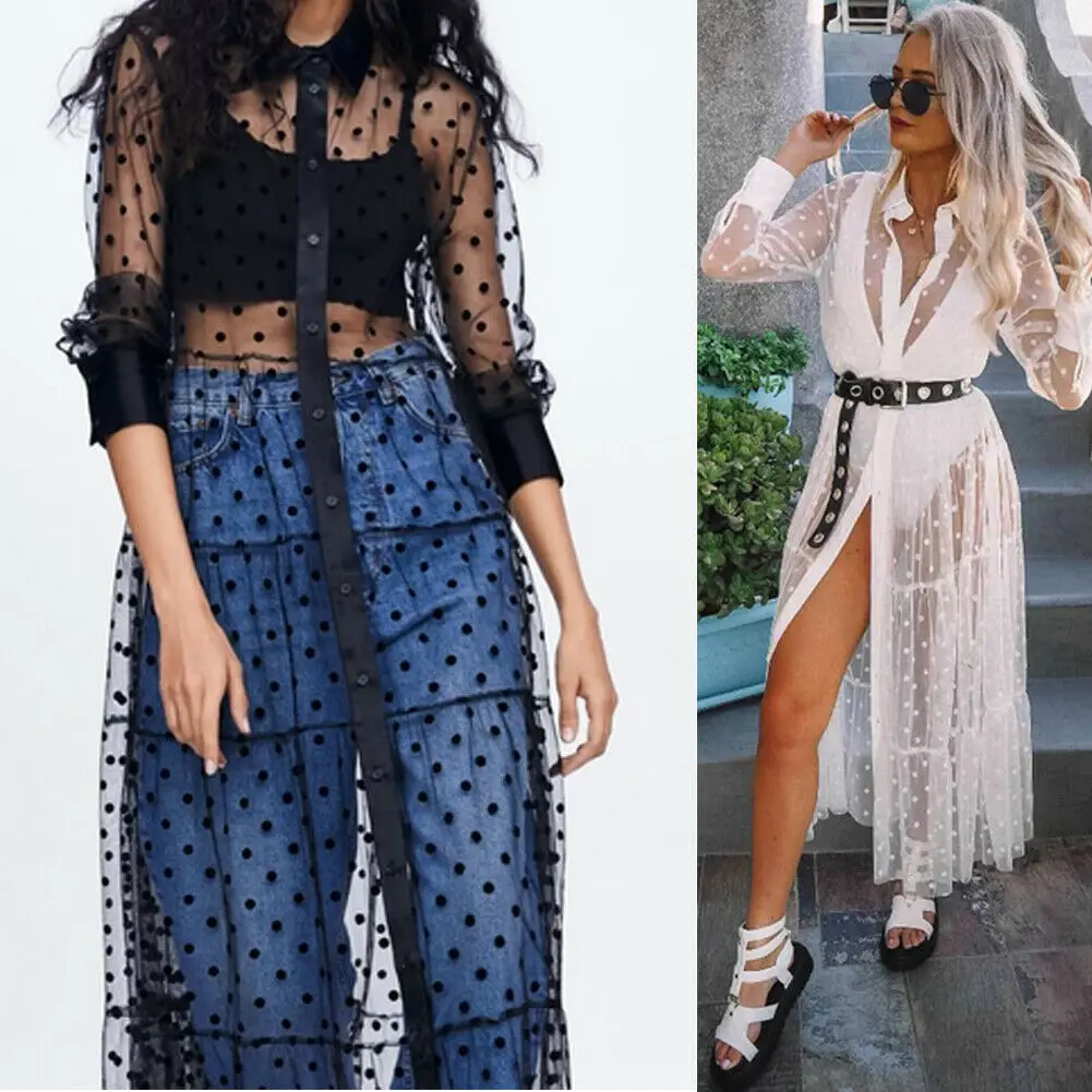 Women Mesh Sheer Transparent Polka Dot Lace Cover up V Neck Button Down Maxi Dress See-through Party Clubwear Beach | Женская одежда