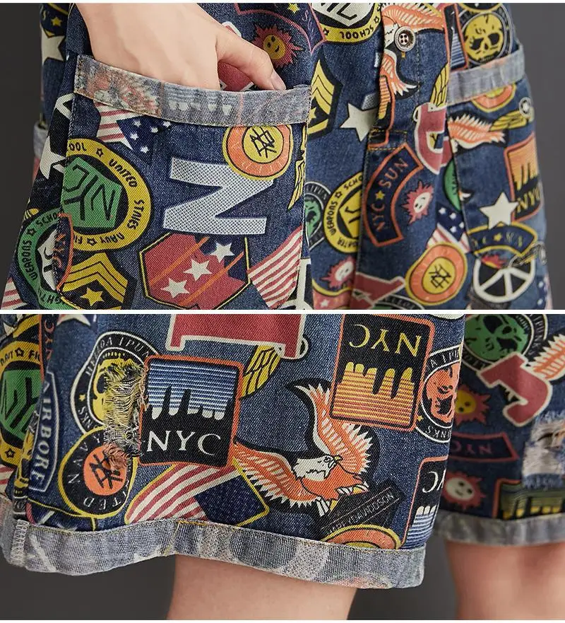 

2021 Summer New Denim Jumpsuits Women Large size Denim Overalls Cartoon Print Shorts Casual Loose Rompers & Playsuits Plus size