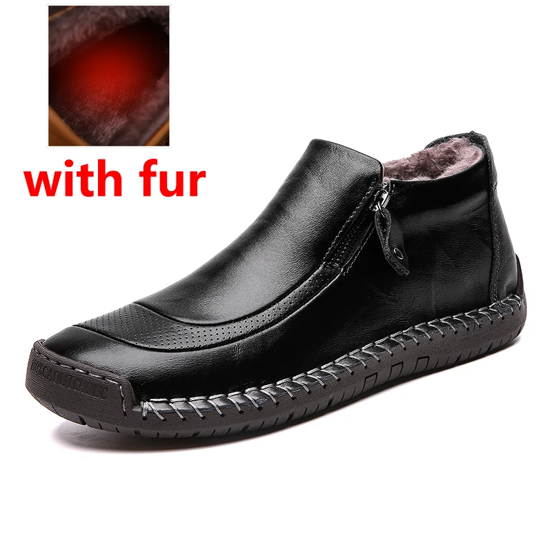 black with fur JINTOHO/Мужская зимняя обувь из натуральной кожи; модные мужские кожаные ботильоны; повседневные мужские ботинки; Мужская зимняя обувь; теплые зимние ботинки - Цвет: black with fur