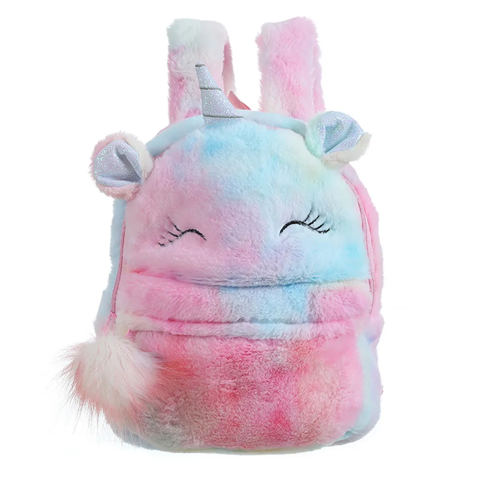 

Kids Baby Girls Plush Backpack Cute Unicorn Animal Schoolbag Lightweight Travel Daypack with Pom Pom Zipper for Kids
