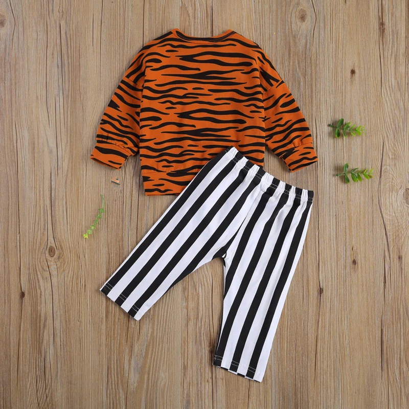 

lioraitiin 1-5Years Newborn Toddler Baby Girl Fashion Autumn 2Pcs Clothing Set Long Sleeve Printed Top Striped Pant Outfit