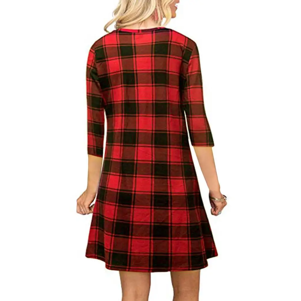 Женское платье повседневное клетчатое с принтом женское рукавом 3/4 и круглым