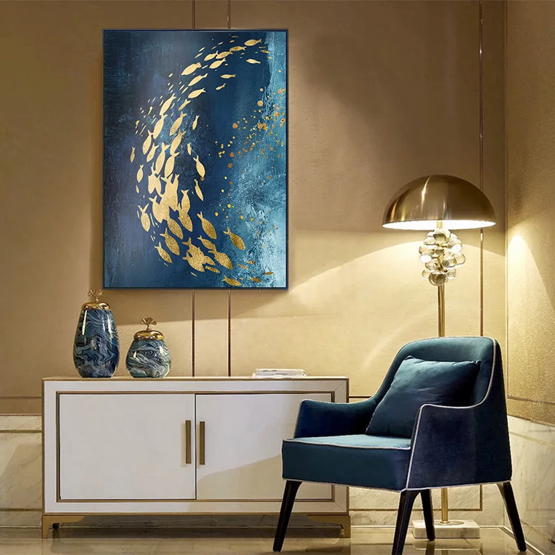 Modern Abstract Nordic Style Wall Art Canvas Painting Golden Fish Blue Sea Decor Pictures For Posters Aesthetic Room | Дом и сад