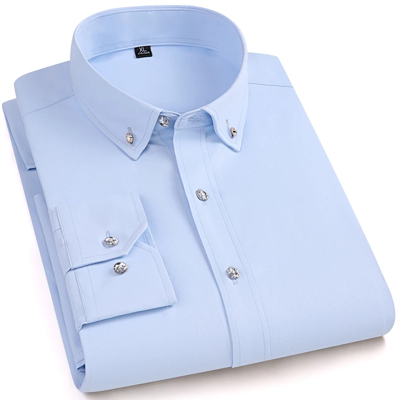 Smart Casual Men Dress Shirt Long Sleeve Fashion Business Diamond Buttons Formal Slim Fit Office Working Cotton Blouse