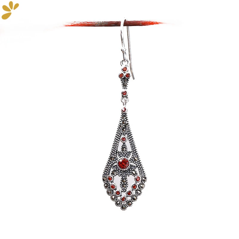 

GEEZENCA S925 Silver Thai Marcasite Red Corundum Drop Earrings For Women Vintage Ethnic Hollow Long Dangle Earring Fine Jewelry