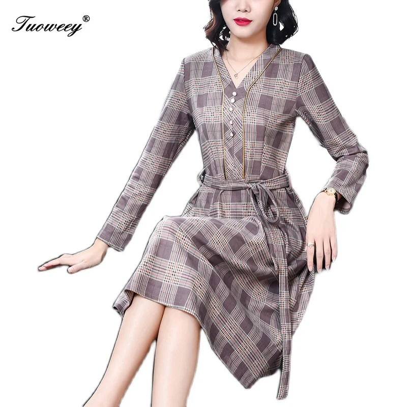 

Autumn Spring Dress Women Casual Plaid Dress High Waist Charming Slim Dress Long Sleeve knee length Dress With Belt Vestidos