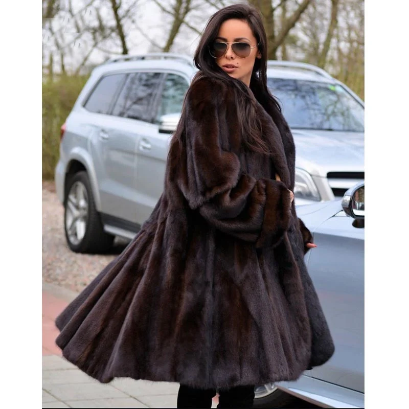 

100cm Long Real Mink Fur Coat Women Winter Fashion Fur Overcoat Luxury Whole Skin Genuine Mink Fur Coat Dark Coffee Fur Outwear