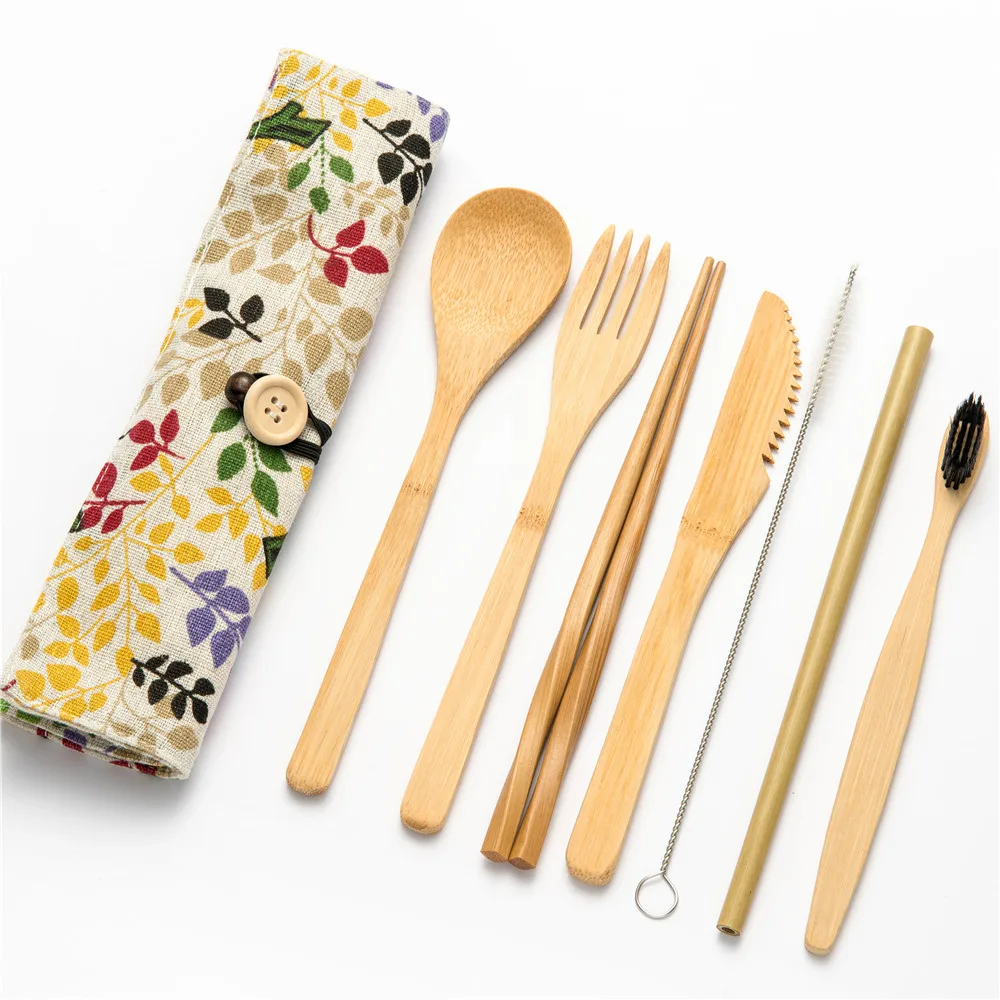 8pcs setA012 Tableware Set Portable Bamboo Cutlery Kitchen Food Wooden Tableware Dining Tool Catering Dinnerware Set Cutlery Travel - Цвет: 8pcs setA012