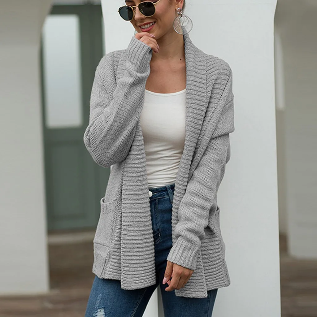 Модный женский однотонный вязаный свитер с длинным рукавом пальто карманами
