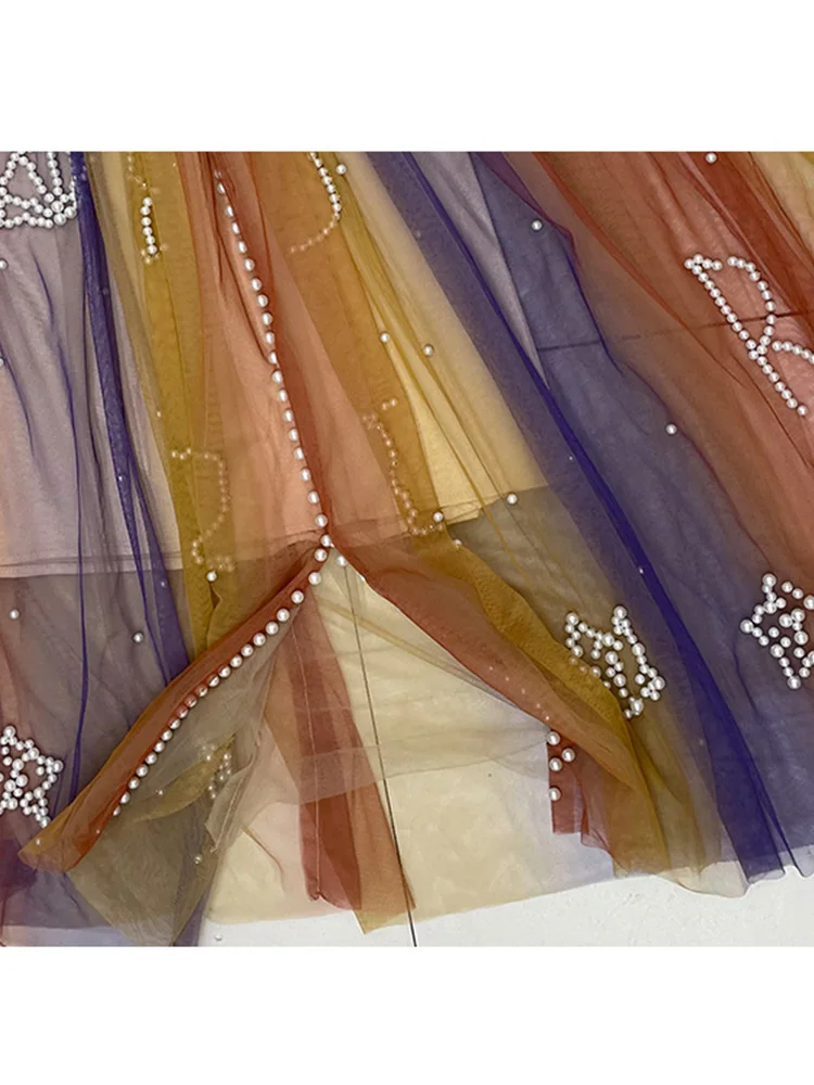 

Heavy craftsmanship, beading, V-neck, pleated waist, tie-dye color, loose, large hem, mesh dress, ladies summer new fashion