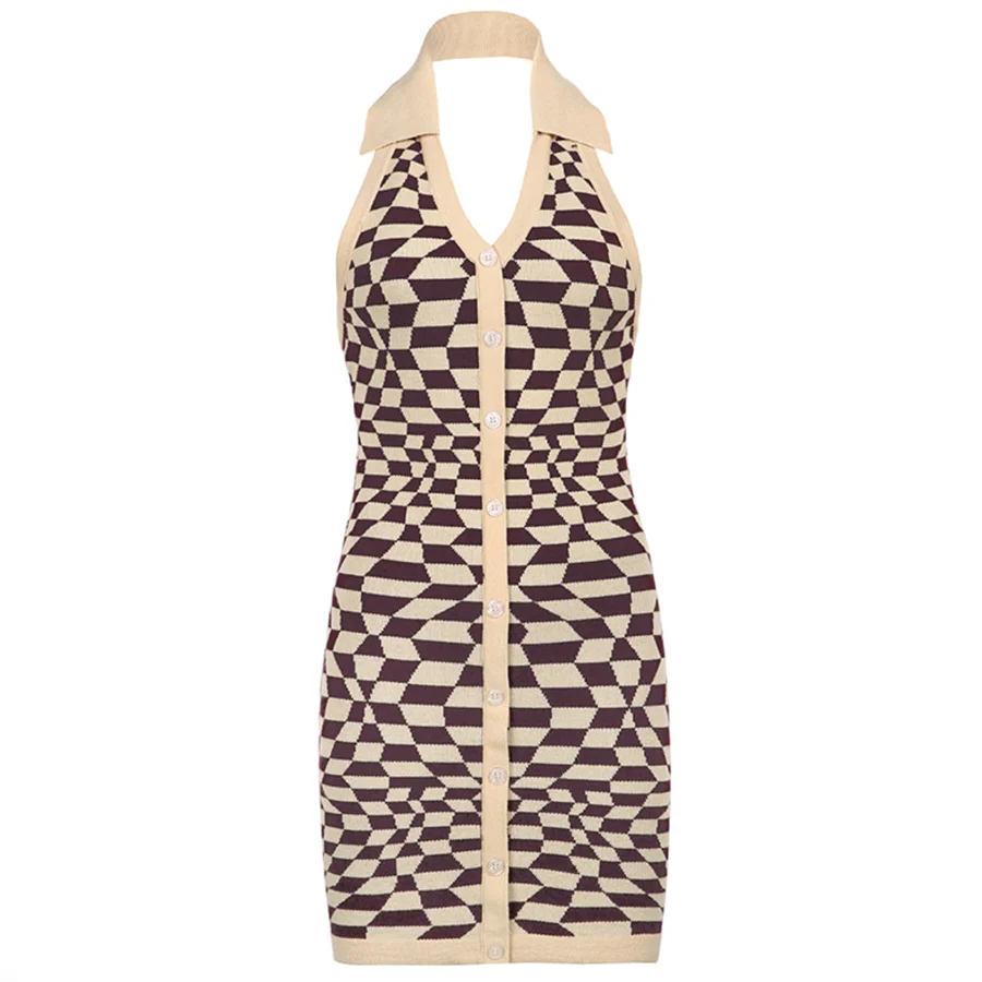 

XBUEN Casual Women's Y2k Dresses Female Plaid Halter Summer Mini Dress Sexy Sleeveless Backless Slim Bodycon VNeck 2021 Clothing