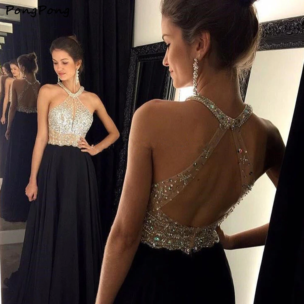 

Sexy A-Line Halter Black Prom Dresses Fashion Off Shoulder Chiffon Beaded Crystal Long Formal Party Gowns