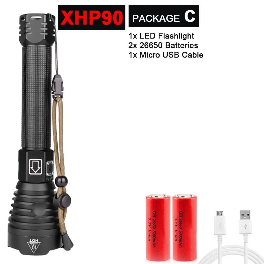 Package C-XHP90 Супер яркий XHP90/70,2 светодиодный фонарик, супер мощный фонарь, USB лампа с зумом, фонарь с зумом, работающий от аккумулятора 18650 26650 - Испускаемый цвет: Package C-XHP90