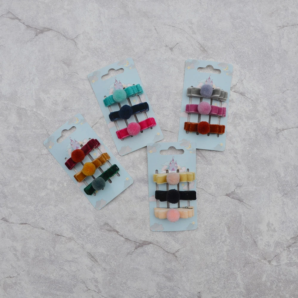 Осень-зима 3 шт./упак. аква/темно-синий/ярко-розовый бархат шерсть заколки для