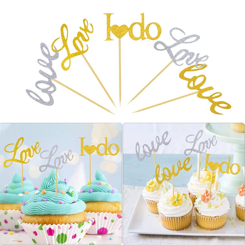 

20pcs Gold/Silver Love Cake Toppers Glitter Paper Cake Picks Cupcake Toppers For Wedding Valentines Day Cake Decorating Tools