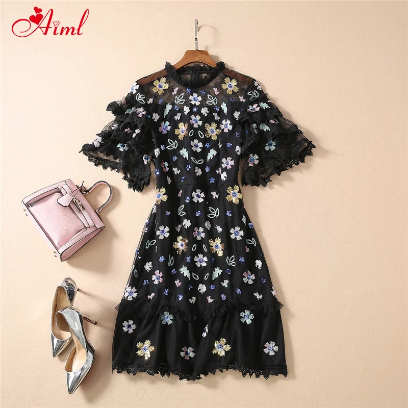 Женское винтажное платье с блестками модельное Дизайнерское черное банкетное