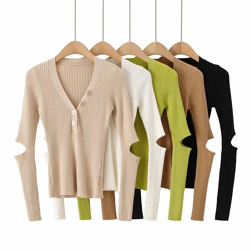 

Spring new street fashion V-neck button knitted long-sleeved sweater women, solid color tight sexy bottoming sweater women
