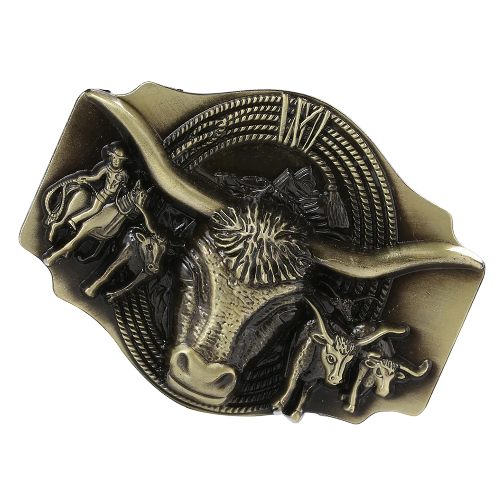 Retro Western Cowboy Belt Buckle Embossed Long Horn Bull Rodeo Bronze |
