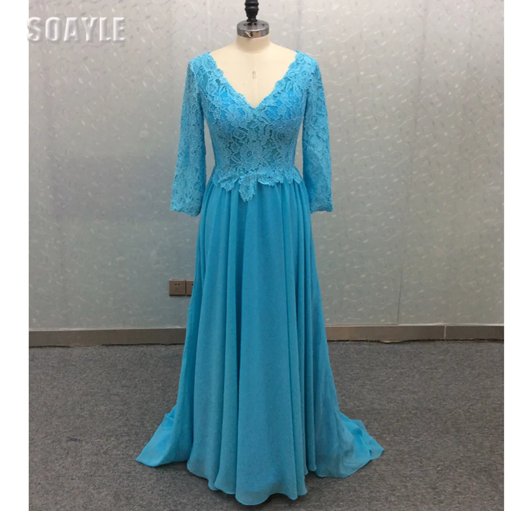 

Long Sleeves Mother of Bride Dresses Mom's Formal Long Dress Chiffon Lace Evening Gowns