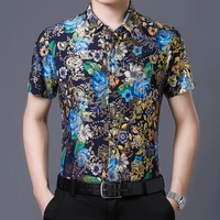 middle aged mens casual short sleeve lapel floral shirt thin summer ethnic style flower short sleeve shirt man t shirt
