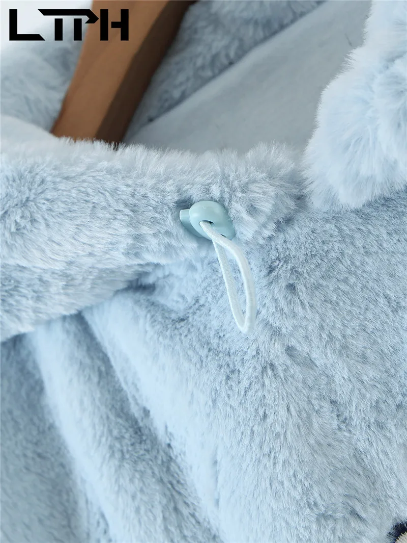 

LTPH ins Letter Embroidery Women hoodies Imitation rabbit fur loose sky blue plush sweatshirts pullovers coat 2021 Spring New