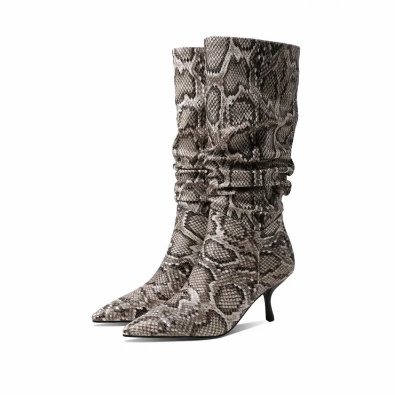 

European and American Stitching Pointed Snake Pattern Pile Mid-heel High Tube Pile Knee Fashion Boots Four Season Sleeve