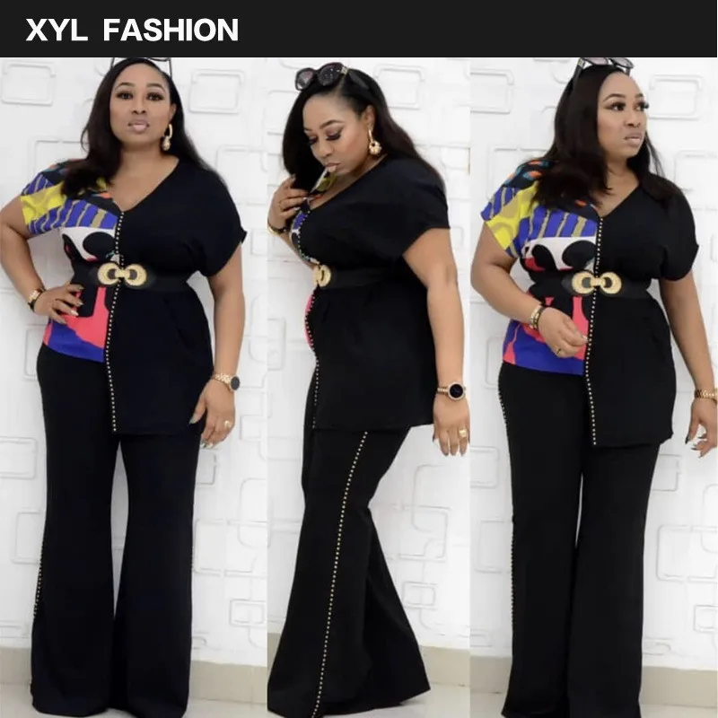 Летний комплект из двух предметов женские комплекты размера плюс топ и штаны