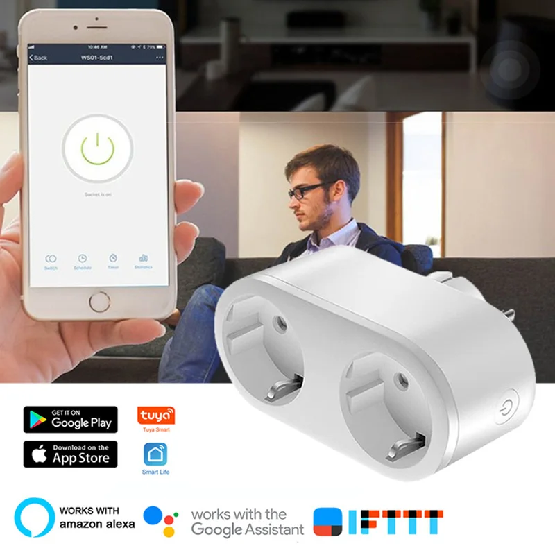 

WiFi Smart Plug Outlet 2In1 EU 16A Power Monitor Timing Tuya Remote Control Home Appliances Works With Alexa Google Home
