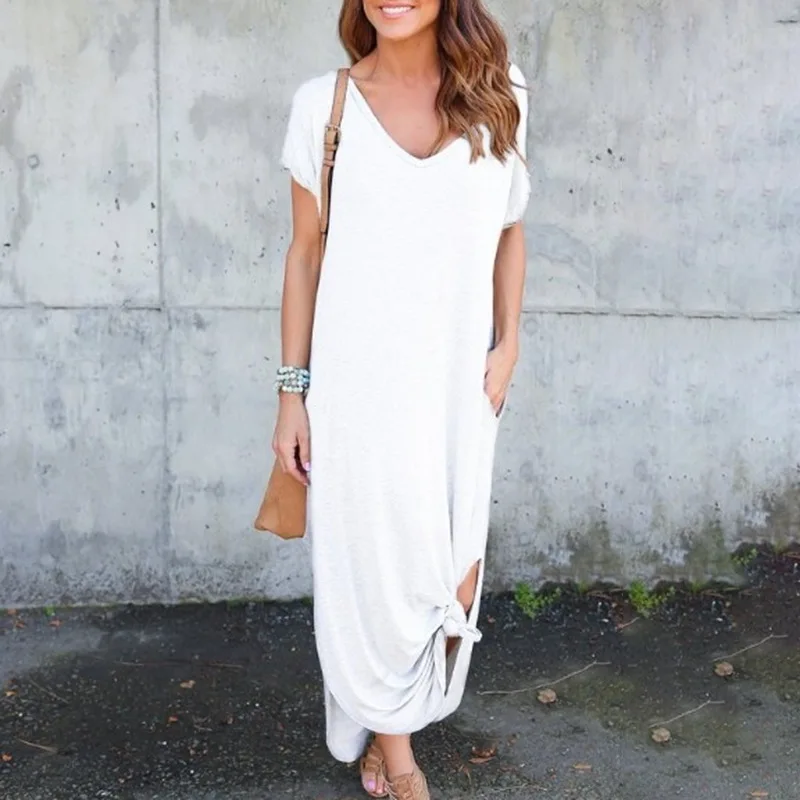 

Spring Summer Fashion Casual Women Sexy Dress Solid Color V Neck Floor Length Short Sleeve Women Leisure Dress