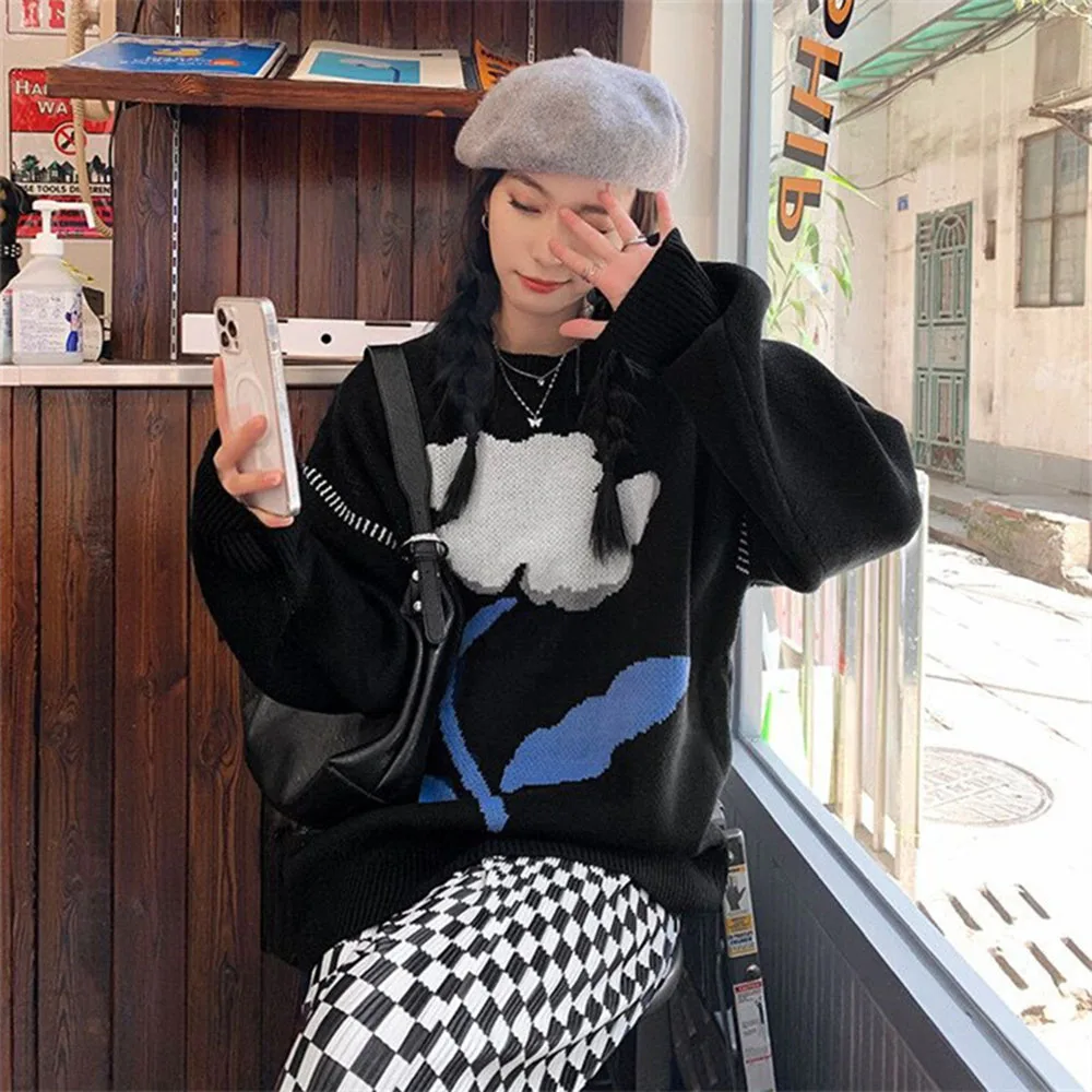 

Женский новый осенний пуловер, повседневный модный трендовый Свободный Топ с круглым вырезом и цветочным принтом, с длинными рукавами