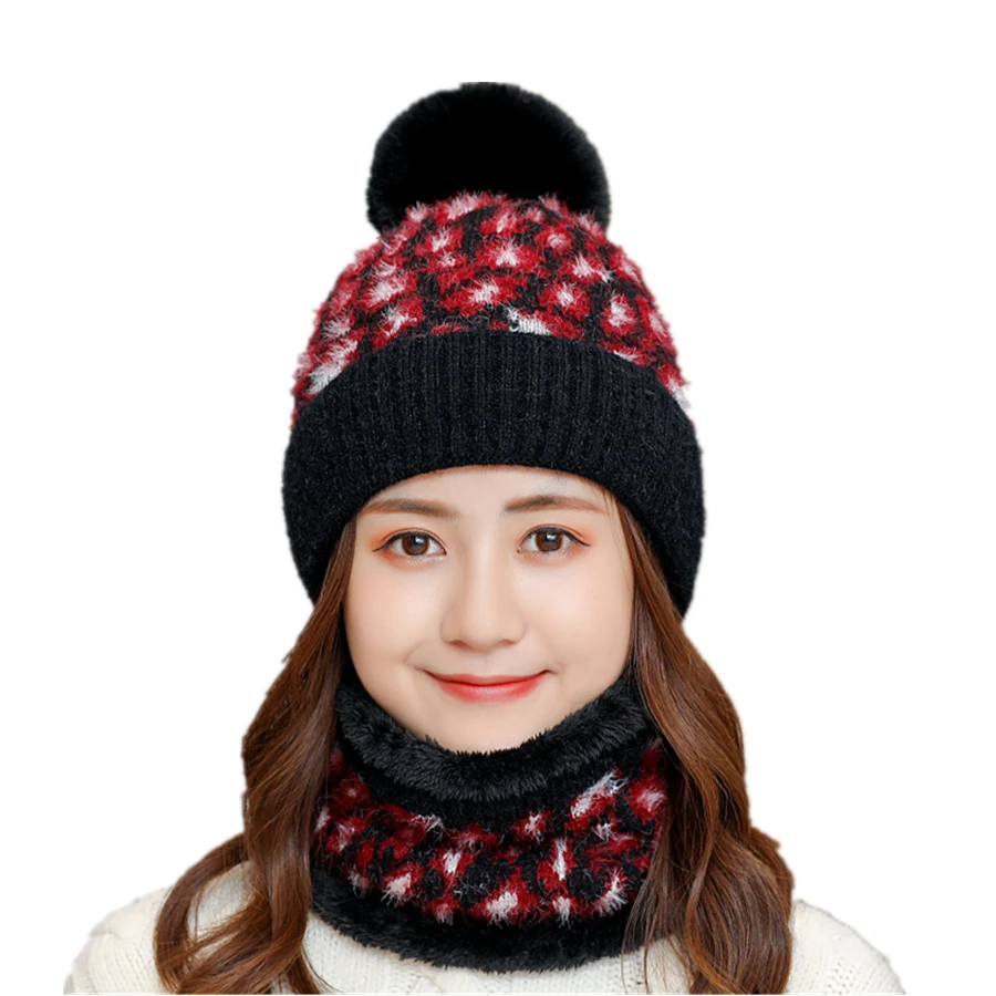 

2019Brand Fashion Leopard Knit Hats Lady Velvet Thickening Warm Skullies Branie Hat Set With Bib Female Outdoor Bonnet Wool Cap