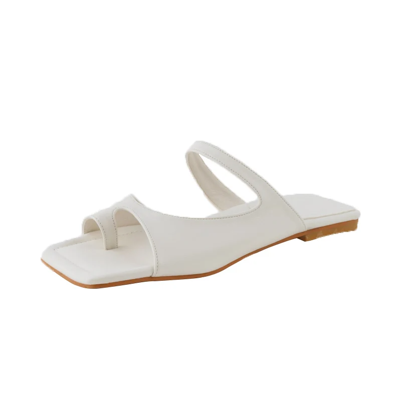 

Summer Ladies Real Leather Slippers Slides Solid Color White Outdoor Flat Flip Flops French Style Rome Gladiator Sandals Female