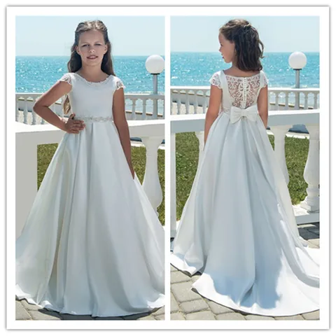 Белые Атласные Платья с цветочным узором для девочек на свадьбу, 2020 Vestido De Daminha, платья для первого причастия