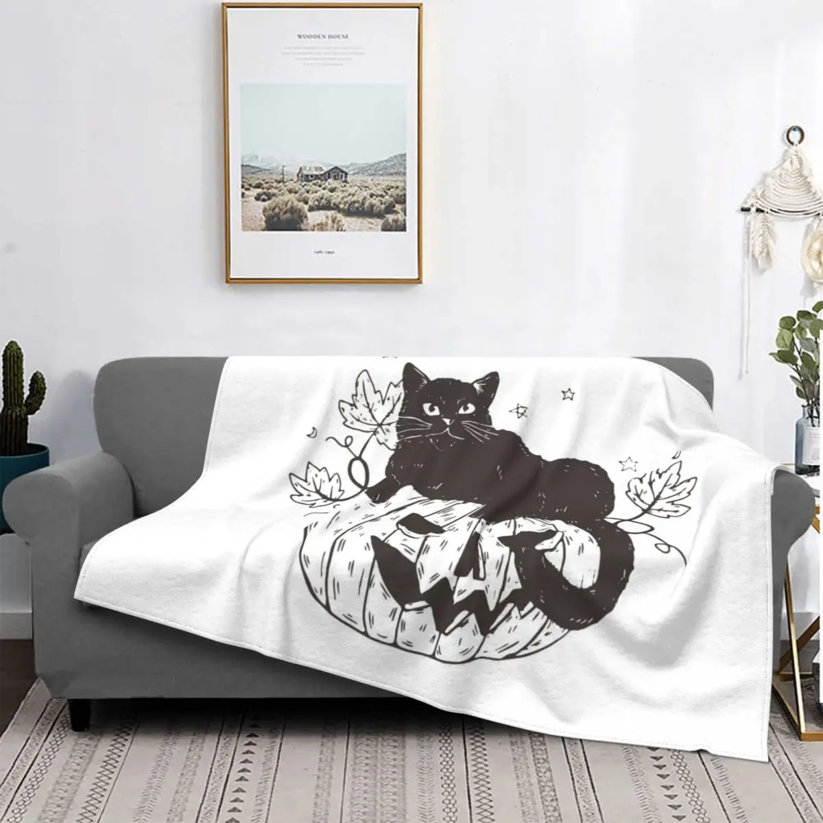 Кот с тыквой на Хэллоуин одеяла фланелевые осенне-зимние комнатные тапочки