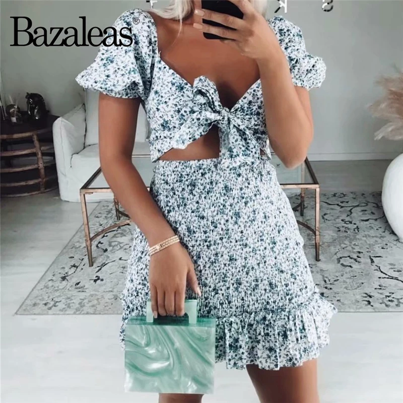 Bazaleas праздничное синее женское платье с цветочным принтом винтажное тонкое