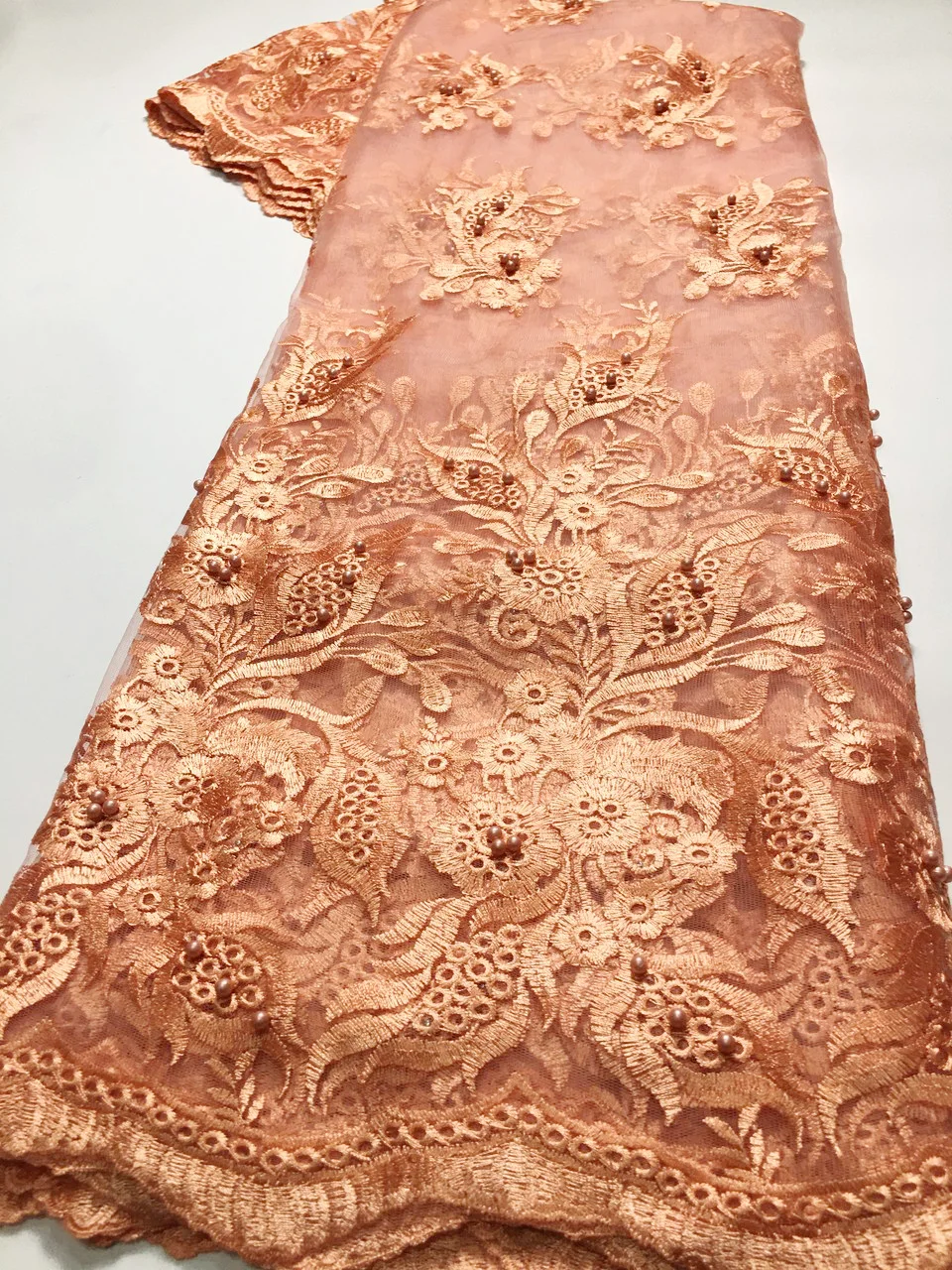 

Orange 2021 Latest African Lace Fabric With Beads French Mesh Lace Fabric Cheap Sale Embroidery Laces For Wedding Dress NM4426