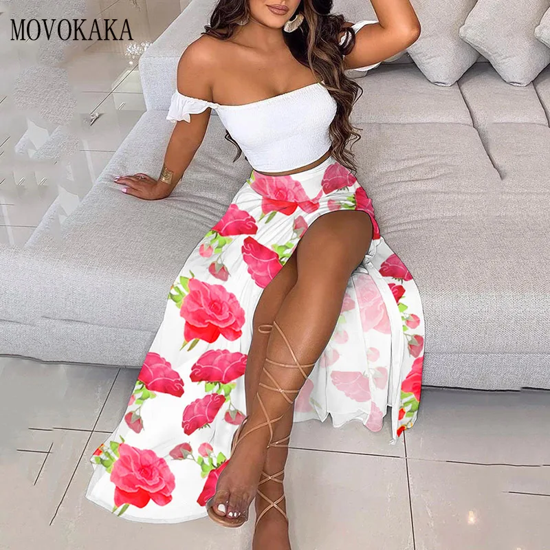 

MOVOKAKA 2021 Women Floral Print Long Dress Sets Sexy Off Shoulder Tops And Split Skirt Suit Elegant Party Summer Two Piece Set
