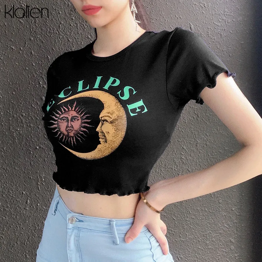 Женская хлопковая Футболка kalien черная Повседневная футболка с принтом в виде