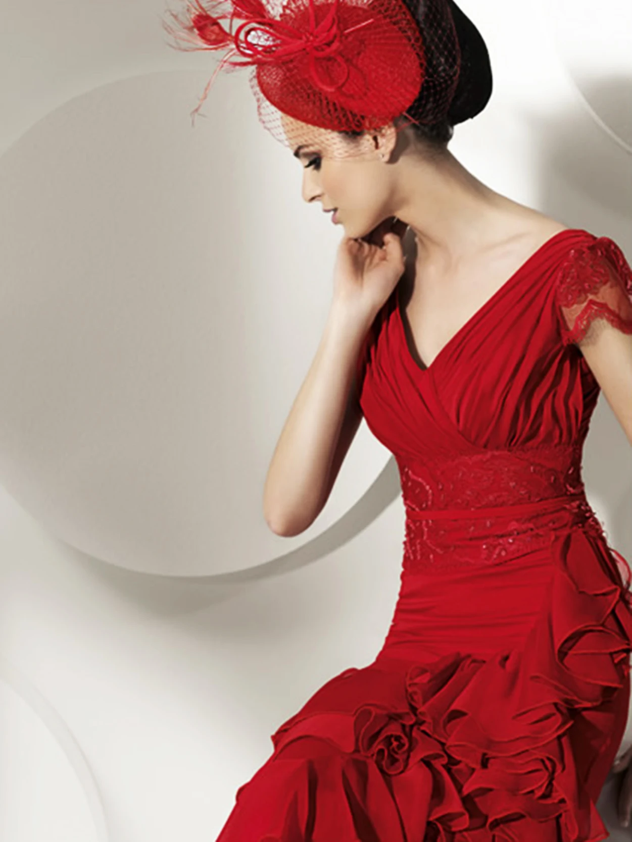 

Вечернее шифоновое платье с юбкой-годе, красное вечернее платье с V-образным вырезом, кружевное платье для свадьбы, выпускного вечера, 814