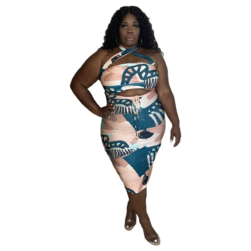 

Women Plus Size Set Print Sleeveless Bandage Halter Crop Tops Skinny Skirts Two 2 Piece Sets Sexy Fashion Outfits Summer