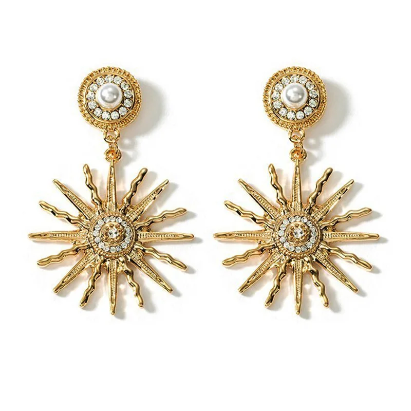 

New Gold Crystal Sunflower Earrings for Women Luxury Baroque Sun Earrings with Pearl Women's Hanging Earrings Statement Jewelry