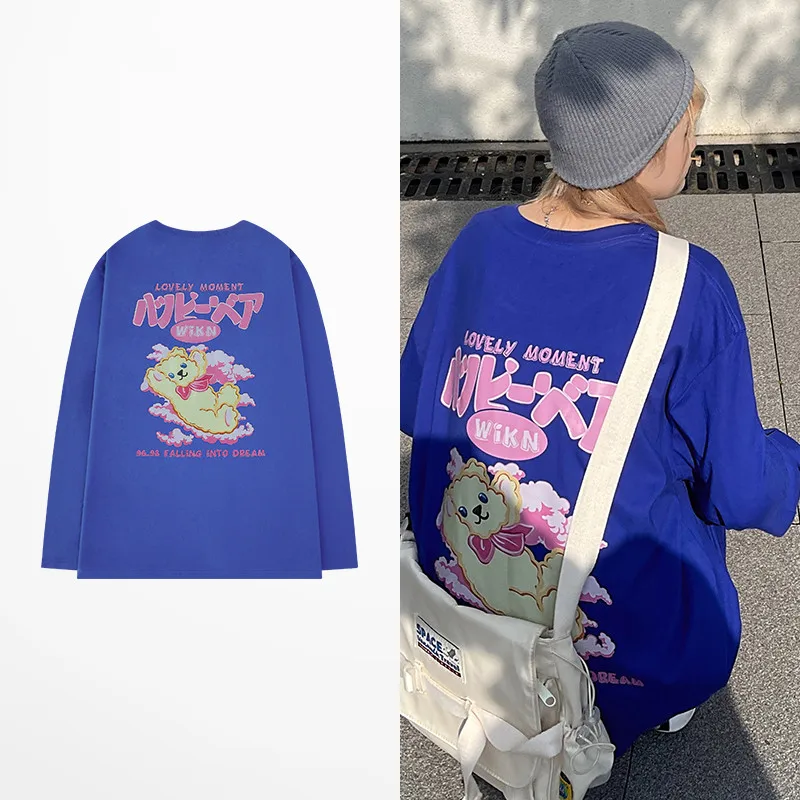 

Ins Style T Shirt Long Sleeve Men Hip Hop High Street Funny Print T-shirt Japanese Fashion Cartoon Print Blue Tee Shirt
