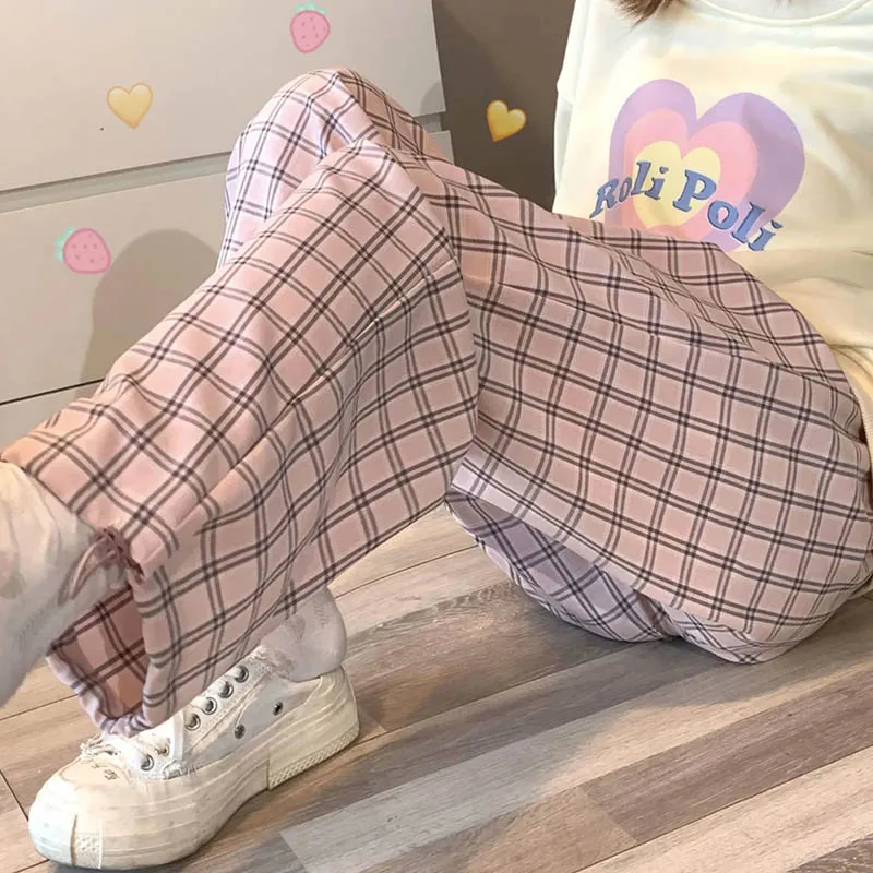 

Vintage Plaid Pants Women Casual Elastic Waist Loose Trousers Korean Harajuku High Waist Trousers Hip-hop All-match Streetwear