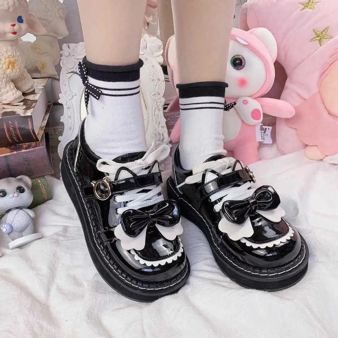 

Kawaii Girl Sweet Lolita Jk кожаные туфли кружевной бант кроличьи уши Милая круглая голова искусственная кожа Косплей Loli ежедневные одиночные туфли
