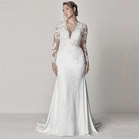 plus size wedding dresses mermaid v neck long sleeves appliques lace boho wedding gown bridal dress vestido de noiva