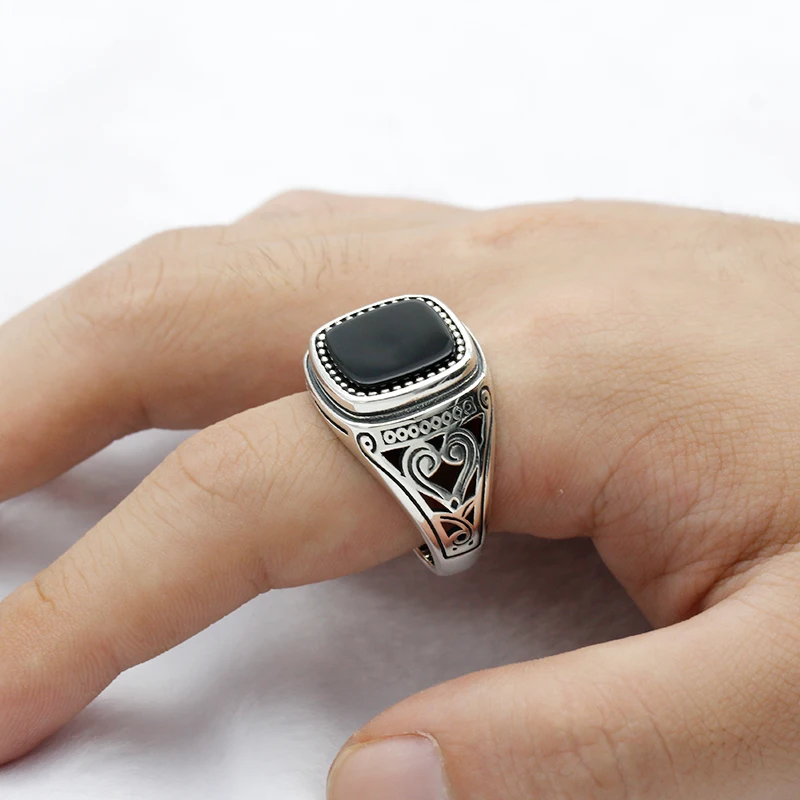 

925 Sterling Silver Men Ring with Suqare Natural Stone Carved Design Thai Silver Ring for Women Men Turkish Jewelry