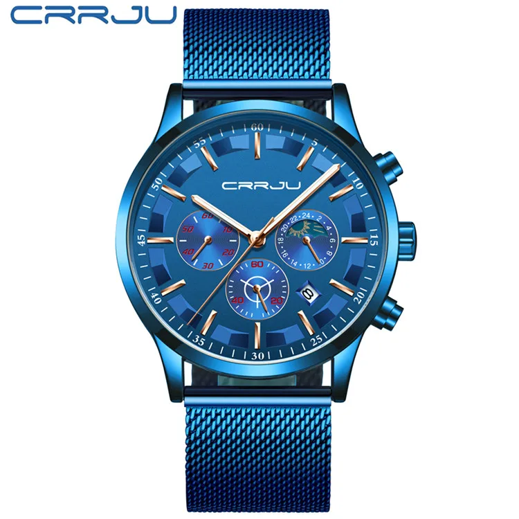 M blue rose CRRJU мужские часы Топ бренд Роскошные Модные Бизнес Кварцевые часы мужские спортивные полностью стальные водонепроницаемые черные часы Relogio Masculino - Цвет: M blue rose