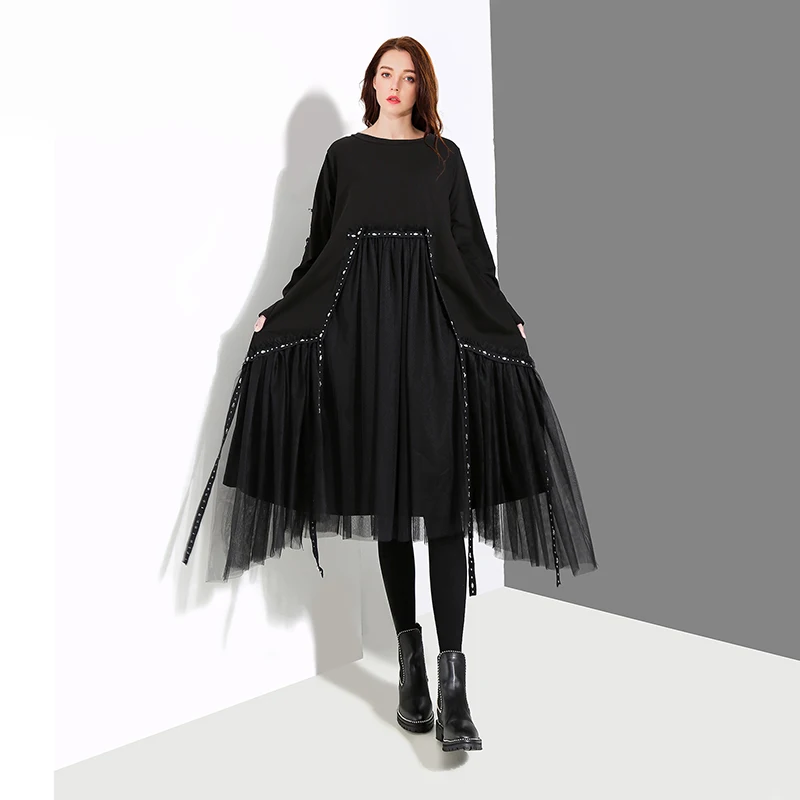 

New Plus Size Woman Autumn Solid Black Loose Dress Long Sleeve Mesh Overlay Tapes Ladies Casual Style Midi Dress Robe Femme