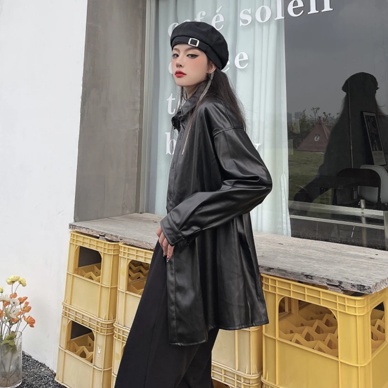 Spring Long Sleeves Women FAUX Leather Jacket Fashion Streetwear Baggy Black Blouse Button Tops Harajuku Leather Trench Coat enlarge