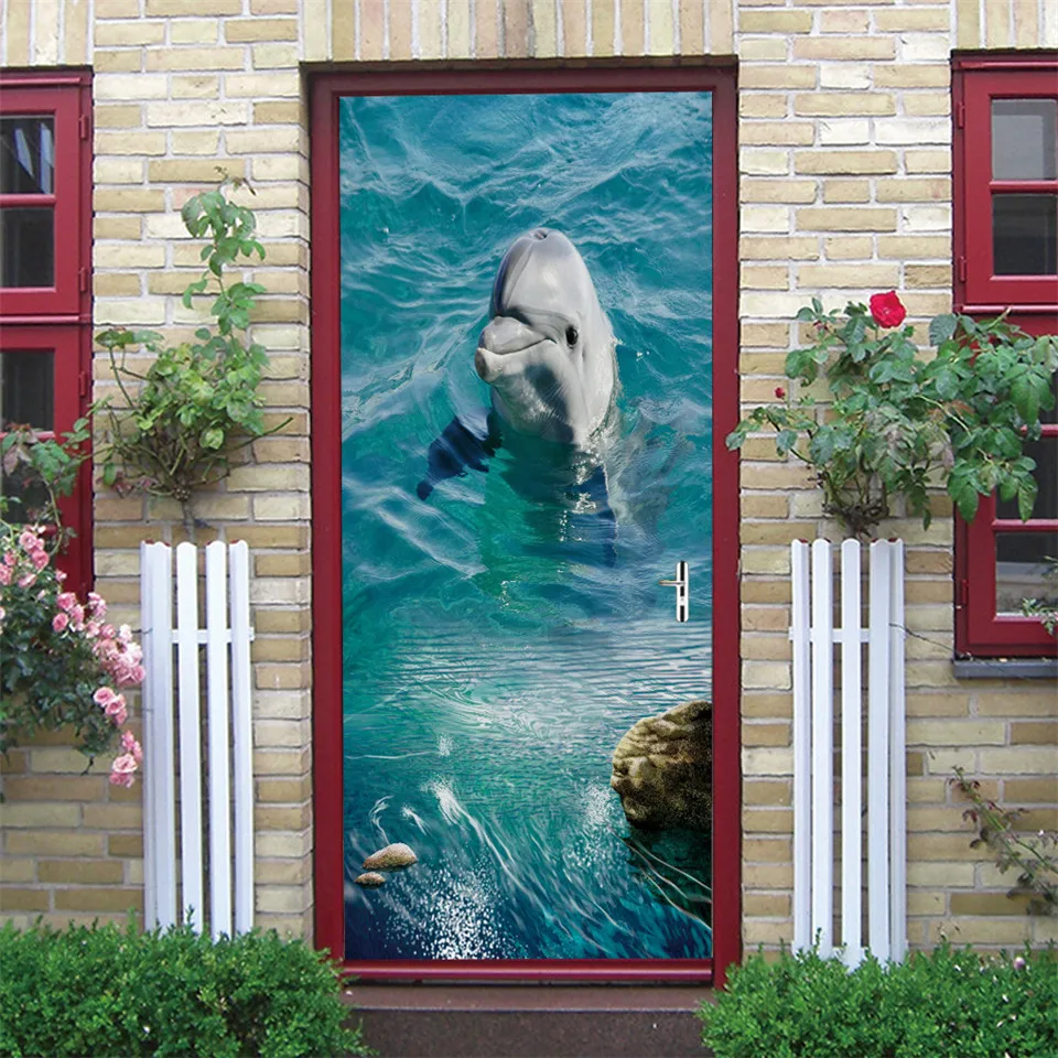 

Underwater World Wallpaper 3D Door Sticker Self Adhesive PVC Fish Dolphin Poster For Kids Girls Room Home Door Decoration Murals
